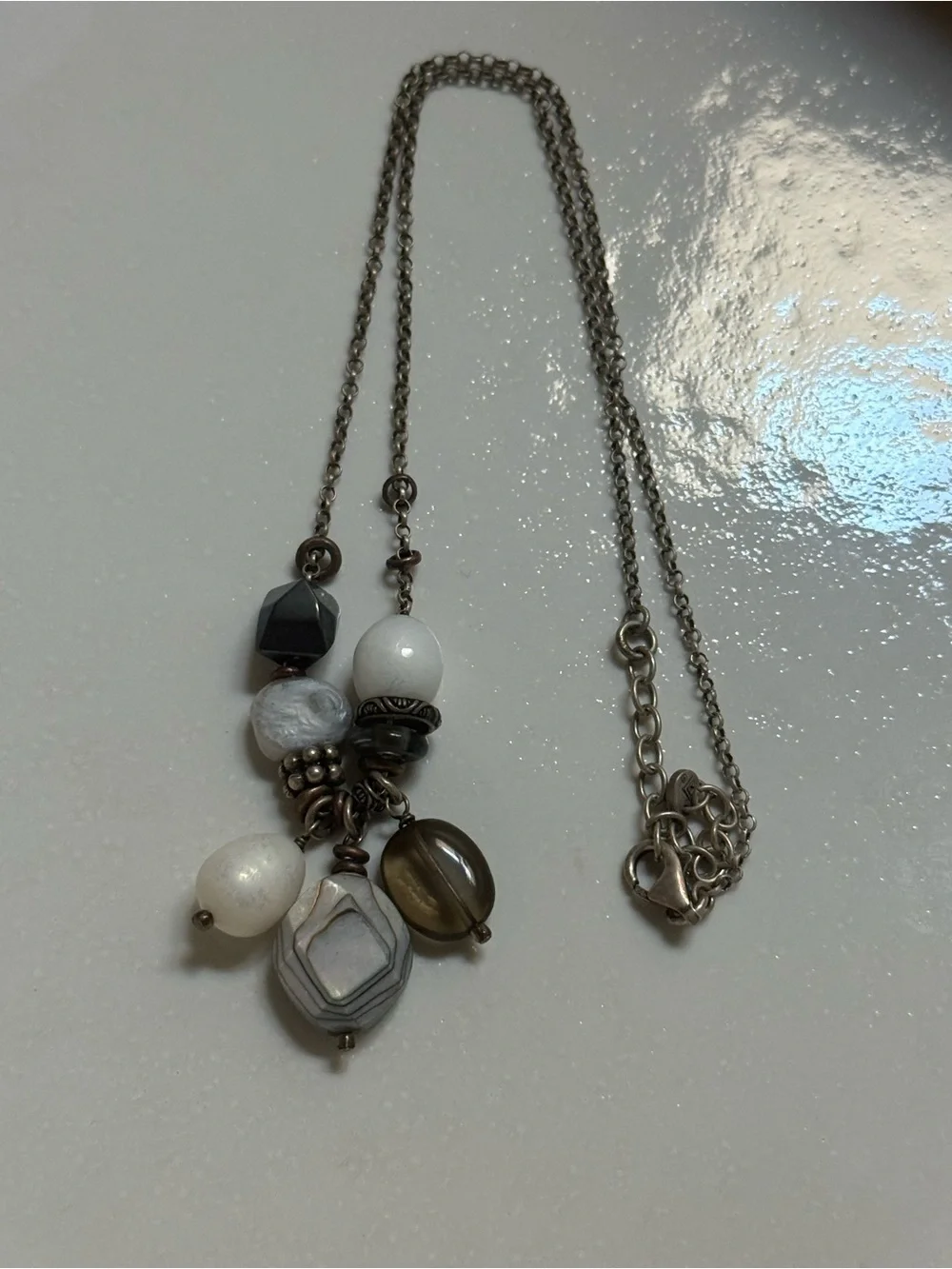 Silpada Silver-Tone Multi-Bead Pendant Necklace in White and Gray